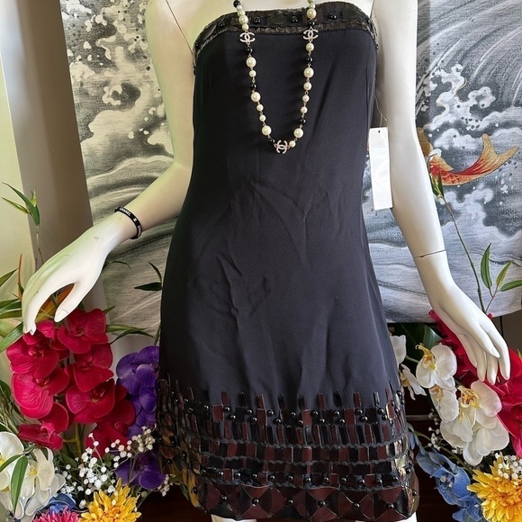 Authentic BADGLEY MISCHKA NWT BLACK LEATHER TRIM COCKTAIL SHEATH DRESS SIZE 0 - Picture 2 of 11